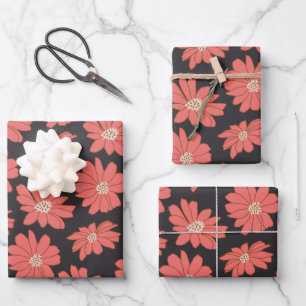 Boho Bohemian Botanical Flowers in Navy and Red Wrapping Paper Sheet