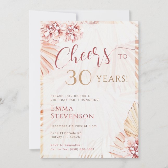 Boho Bohemian Cheers 30 Years Ladies 30th Birthday Invitation (Front)