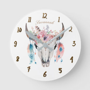 Boho Bohemian Cow Skull Horns Floral Feathers Round Clock