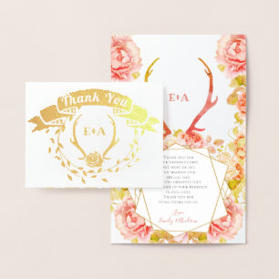 Boho Bohemian Deer Antler and Roses Pink Wedding Foil Card