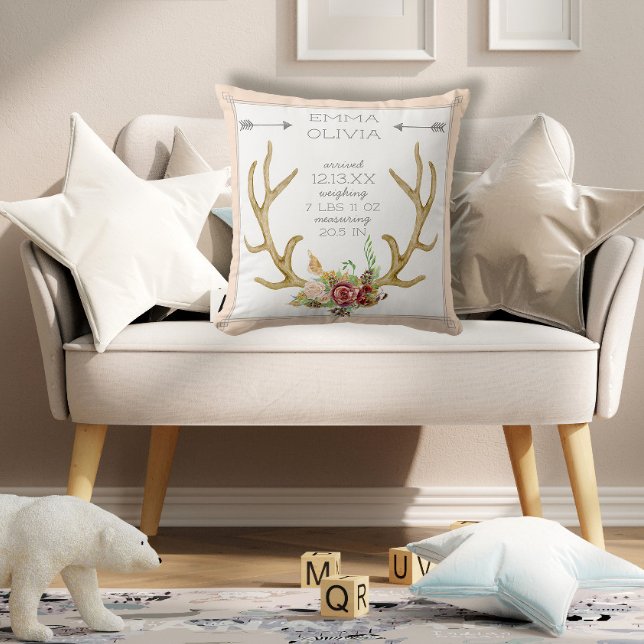 BOHO Bohemian Deer Antler Floral Baby Birth Stat Throw Pillow (Creator Uploaded)