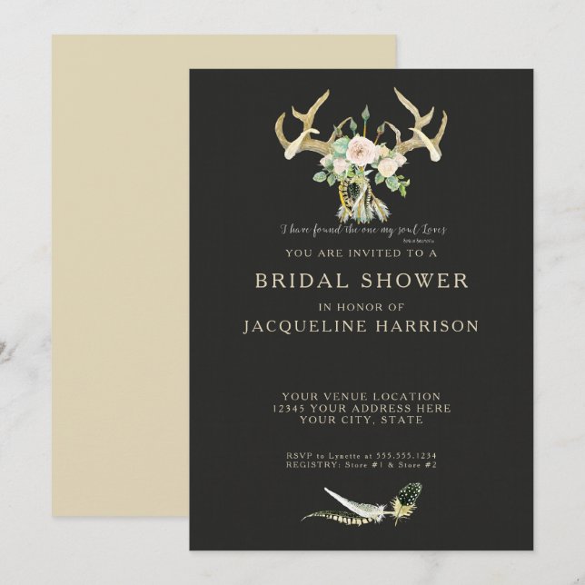 Boho Bohemian Deer Antler Floral Bridal Shower Invitation (Front/Back)