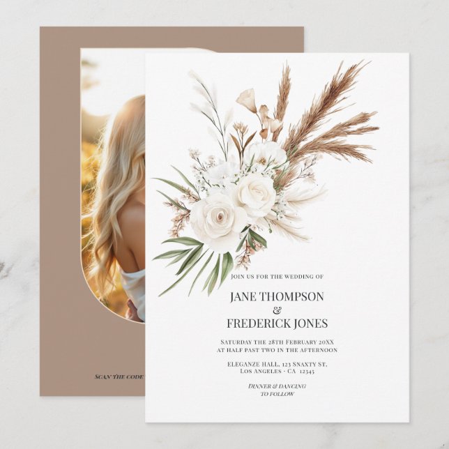 Boho Bohemian Dried Floral Photo & QR Code Wedding Invitation (Front/Back)