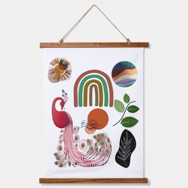  Boho Bohemian Earth Modern Art Peacock Wall Decor Hanging Tapestry (Front)