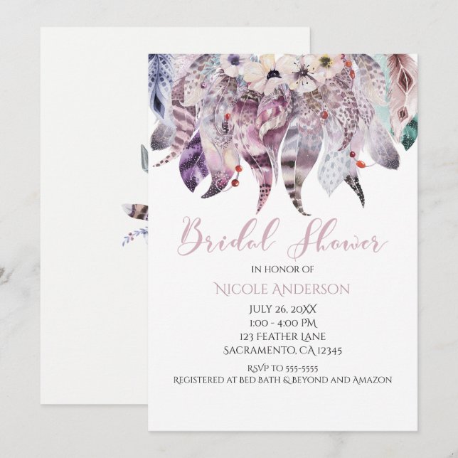 Boho Bohemian Feathers Bridal Shower Invitations (Devant / Derrière)