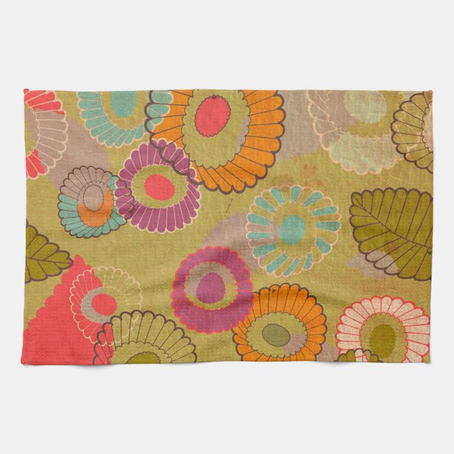 Boho Bohemian Retro Colourful Floral Flowers Kitchen Towel (Horizontal)