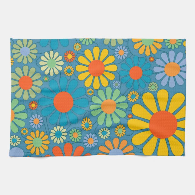 Boho Bohemian Retro Colourful Floral Flowers Kitchen Towel (Horizontal)
