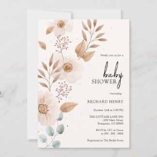 Boho Bohemian Rustic Floral Beige Girl Baby Shower Invitation