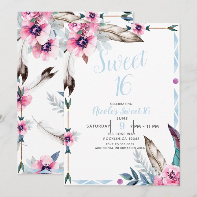 Boho Bohemian Tribal Floral Watercolor Sweet 16 Invitation (Front/Back)