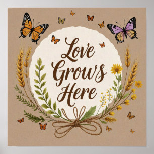 Boho Bohemian Wildflowers, butterflies, wheat Poster