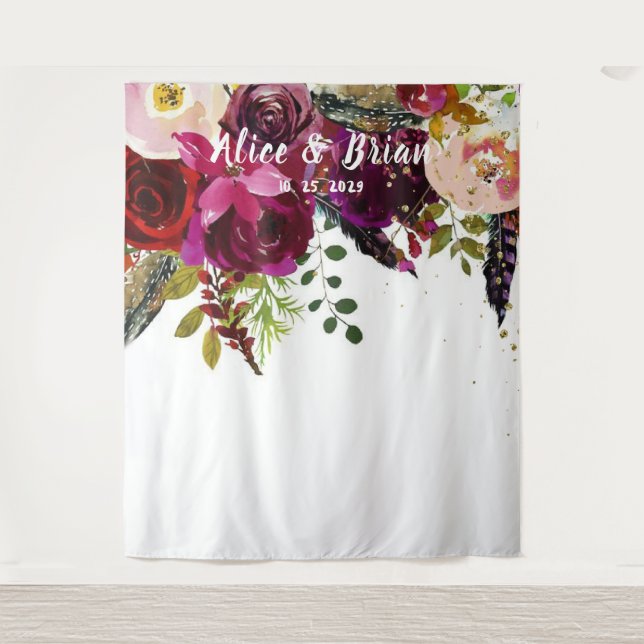 Boho Bold Burgundy Floral Wedding Backdrop Tapestry (Front)