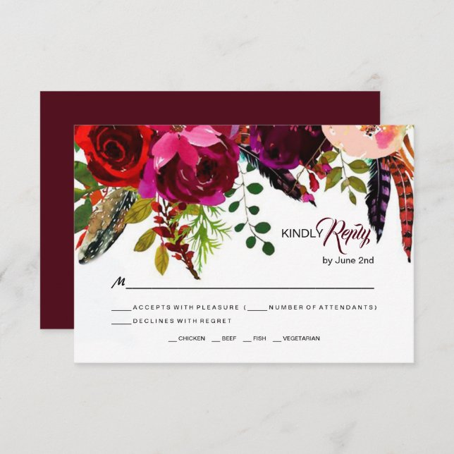 Boho Bold Burgundy Floral  Wedding RSVP (Front/Back)
