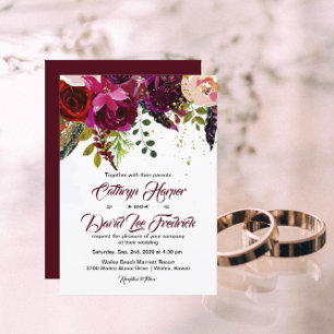 Boho Bold Burgundy & Gold Floral Wedding Invitation