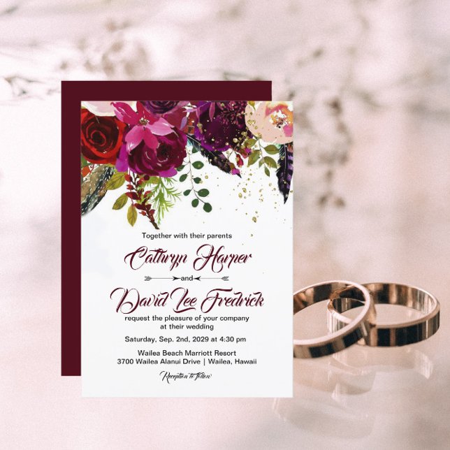Boho Bold Burgundy & Gold Floral Wedding Invitation (Creator Uploaded)