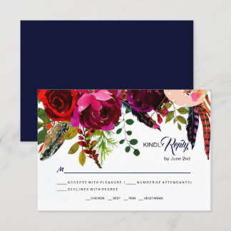 Boho Bold Burgundy Navy Floral Wedding RSVP Card