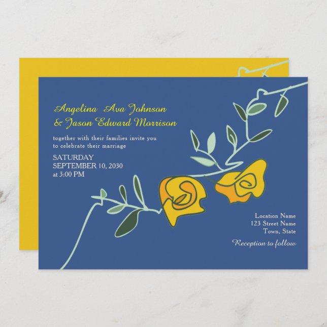 Boho Bold Floral Yellow Blue Wedding Invitation (Front/Back)