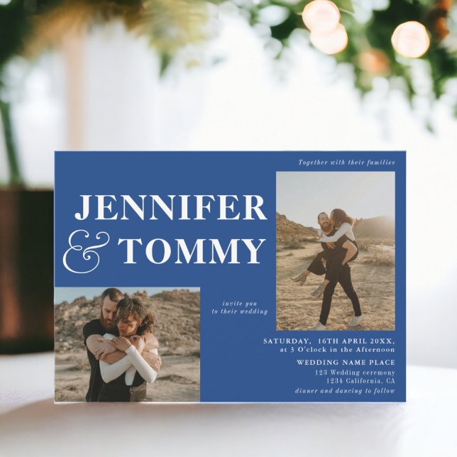 Boho bold names 3 photos wedding chic blue invitation (Boho bold names 3 photos wedding chic blue invitation)
