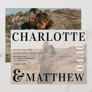 Boho bold names black white photo wedding photo invitation