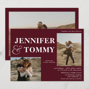 Boho bold names retro 3 photos wedding burgundy invitation