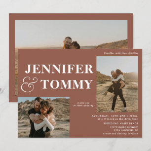 Boho bold names retro 3 photos wedding terracotta invitation