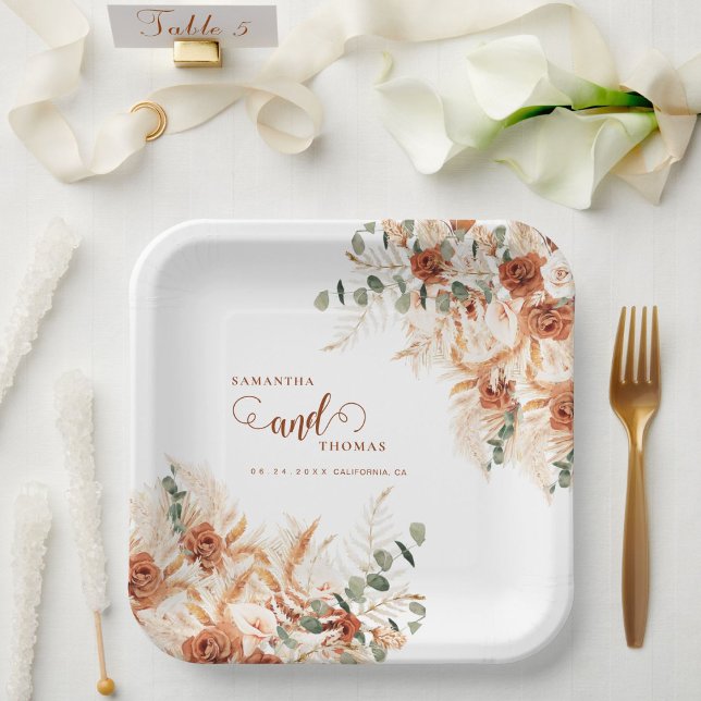 Boho Bold Pampas Floral Wedding  Paper Plate (Creator Uploaded)