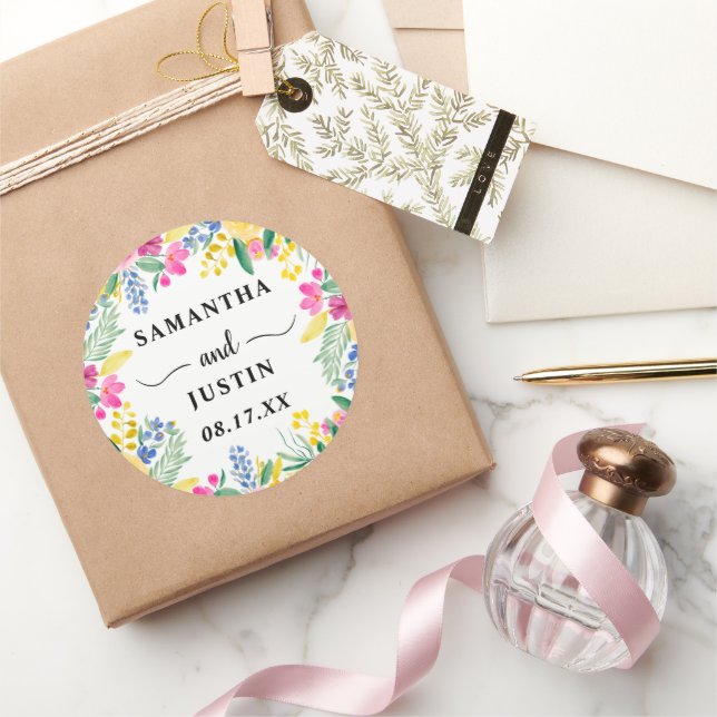 Boho bold pink spring wild flowers wedding classic round sticker (Gifting)