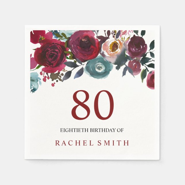 Boho Bordo Burgundy Red Flowers 80th Birthday Napkin (Front)