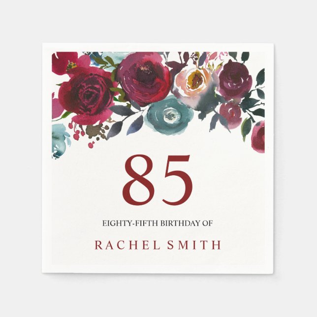Boho Bordo Burgundy Red Flowers 85th Birthday Napkin (Front)