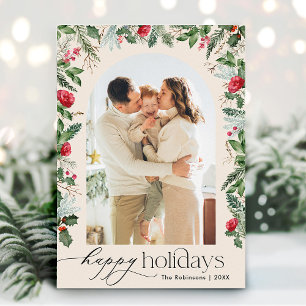 Boho Botanical Arch Happy Holidays 1 Photo Holiday Card