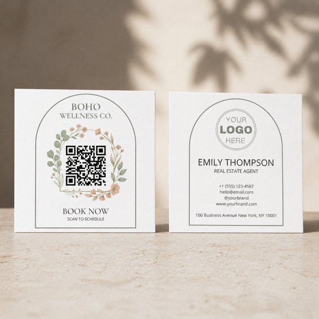 Boho Botanical Arched QR Code Square Business Card (Aesthetic Boho Botanical Square Business Card with QR Code for Small Business)
