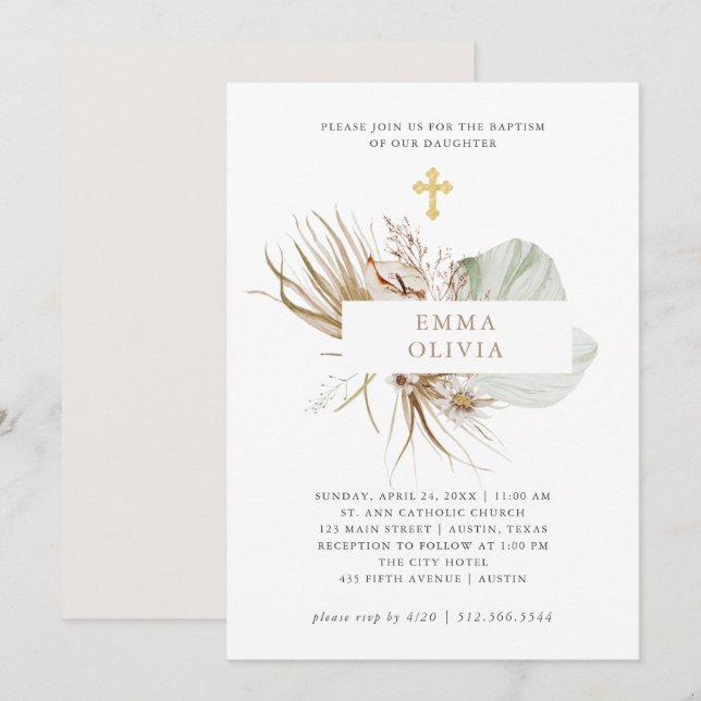 Boho Botanical | Baptism with Gold Cross Invitation (Front/Back)