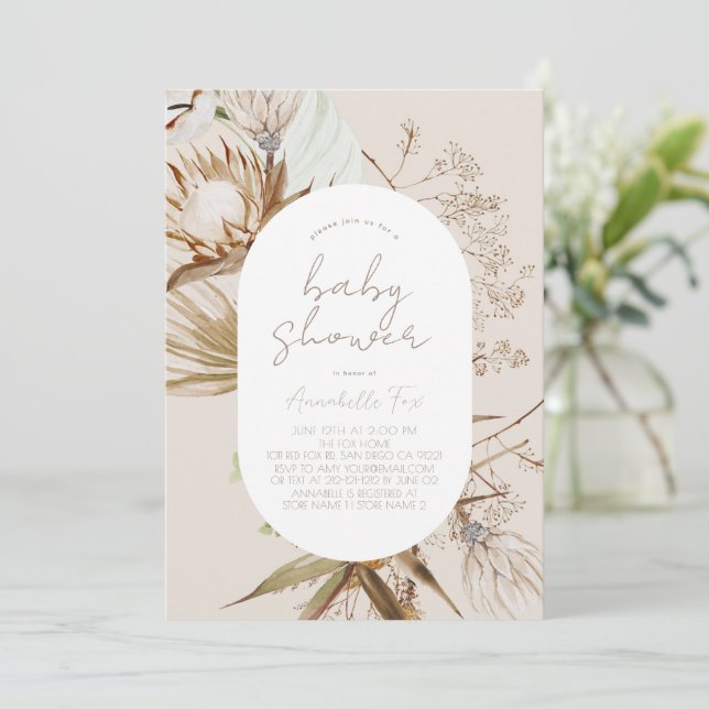 Boho Botanical Beige Baby shower Invitation (Debout devant)