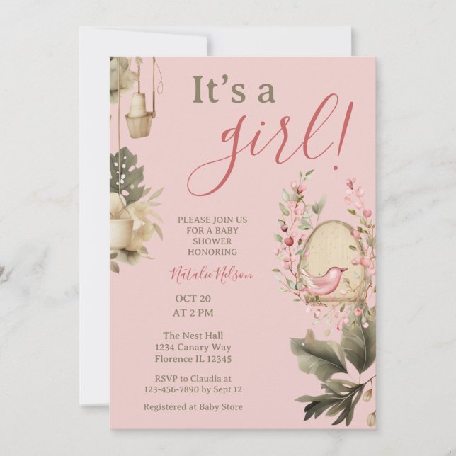 Boho Botanical Bird Girl Baby Shower Invitation (Front)