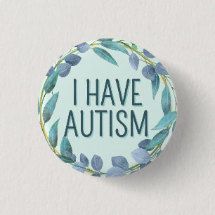 Boho Botanical Blue Leaves Text Autism 1 Inch Round Button