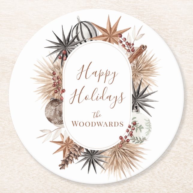 Boho Botanical Christmas Personalized Round Paper Coaster (Front)