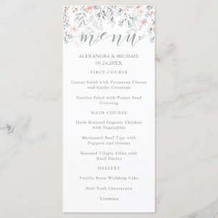 Boho Botanical Coral and Grey Mariage Menu