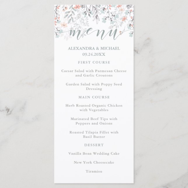 Boho Botanical Coral and Grey Mariage Menu (Devant)