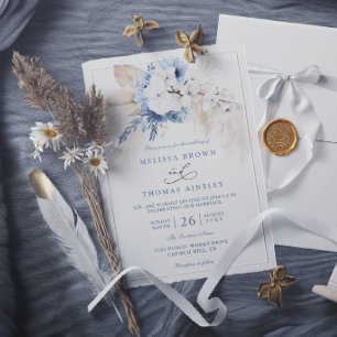 Boho Botanical Floral Modern Blue Elegant Wedding Invitation