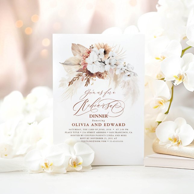 Boho Botanical Floral Terracotta Rehearsal Dinner Invitation (White Orchids Terracotta Boho Rehearsal Dinner Invitations)