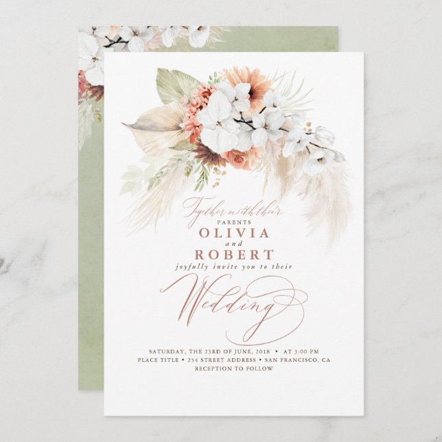 Boho Botanical Floral Terracotta Sage Wedding Invitation (Front/Back)
