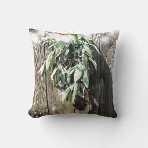 Boho botanical green herbs barn wood twinkle light throw pillow