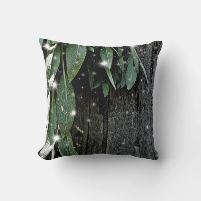 Boho botanical herb leaf barn wood Twinkle Lights Throw Pillow (Front)