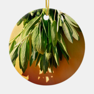 Boho botanical herb leaves ceramic ornament
