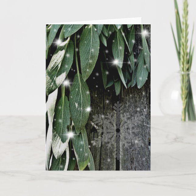 Boho botanical herb leaves rustic Barn-wood  Holiday Card (Front)