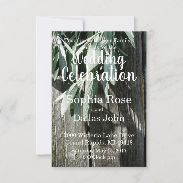 Boho botanical herb leaves rustic Barn-wood script Invitation (Front)