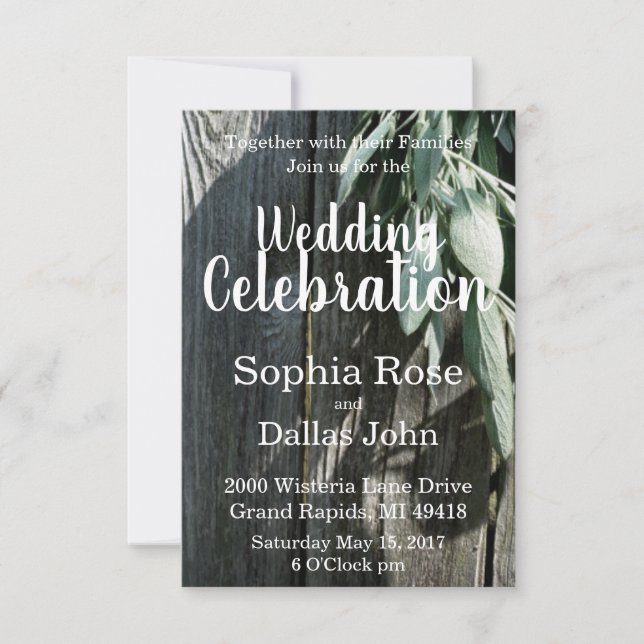 Boho botanical herb leaves rustic Barn-wood script Invitation (Front)