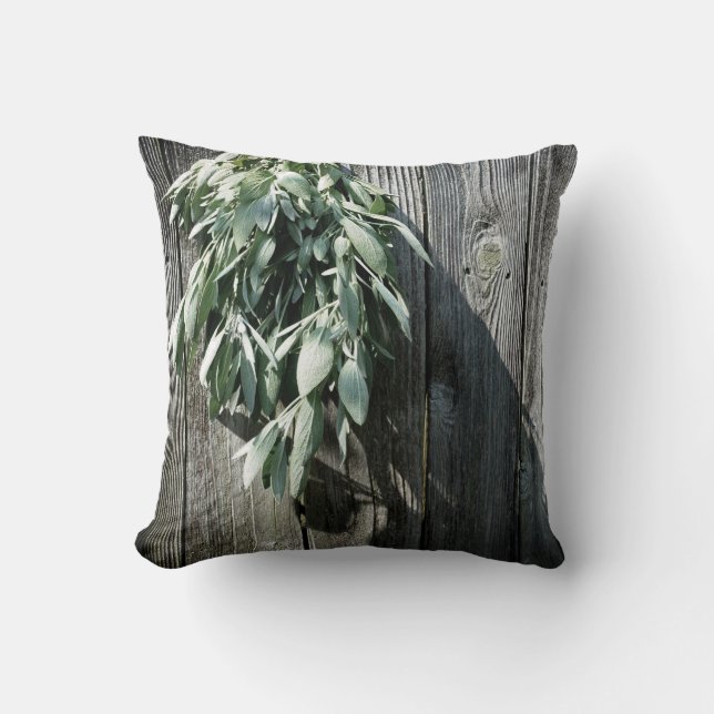 Boho botanical herb leaves rustic Barn-wood  Throw Pillow (Front)
