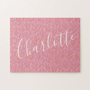 Boho Botanical Leaf Pattern in Pink Personalized   Jigsaw Puzzle