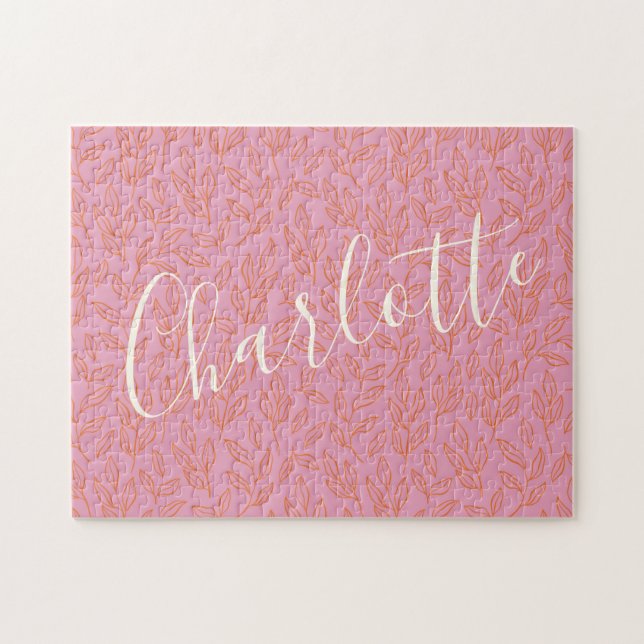 Boho Botanical Leaf Pattern in Pink Personalized   Jigsaw Puzzle (Horizontal)