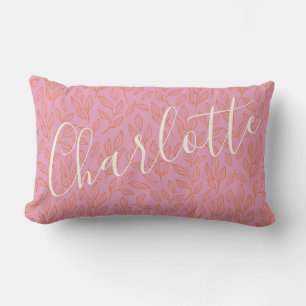 Boho Botanical Leaf Pattern in Pink Personalized   Lumbar Pillow